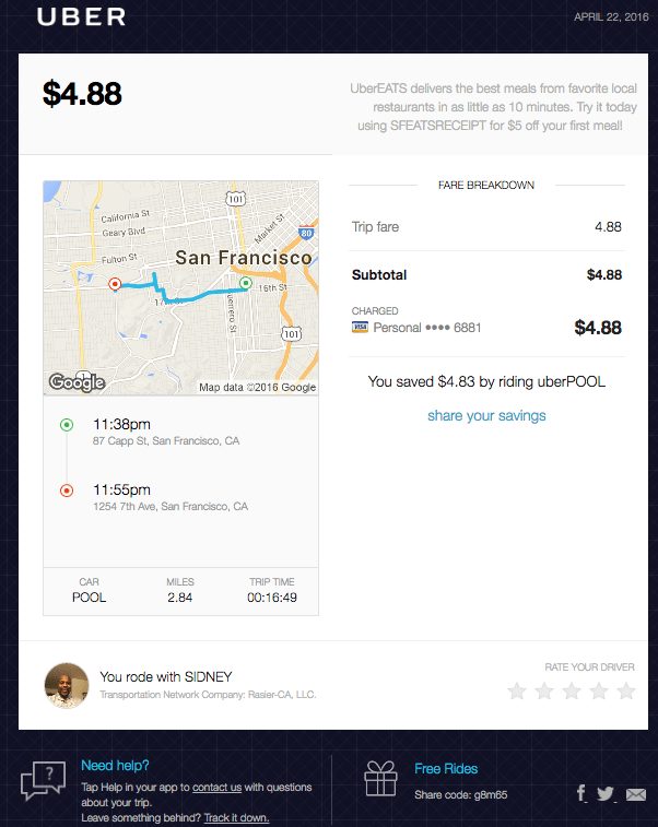 Uber ride receipt email